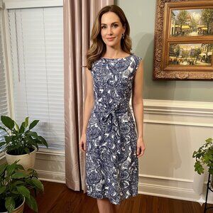 NWT Anne Klein Chelsea Blue White Paisley Print Linen Blend Dress Size 12